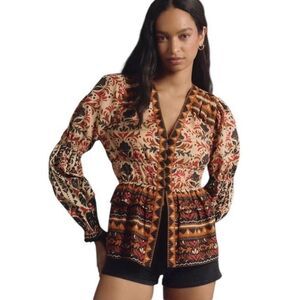 Farm Rio x Anthropologie Medium Puff Long Sleeve V Neck Orange Black Blouse